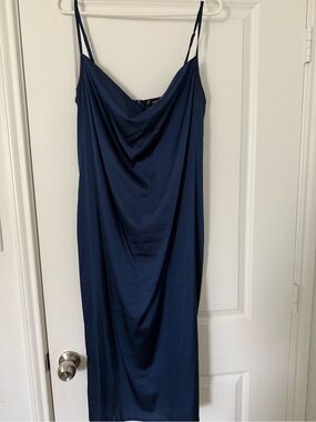 Amazon Navy Satin Cowl Midi Slip Dress